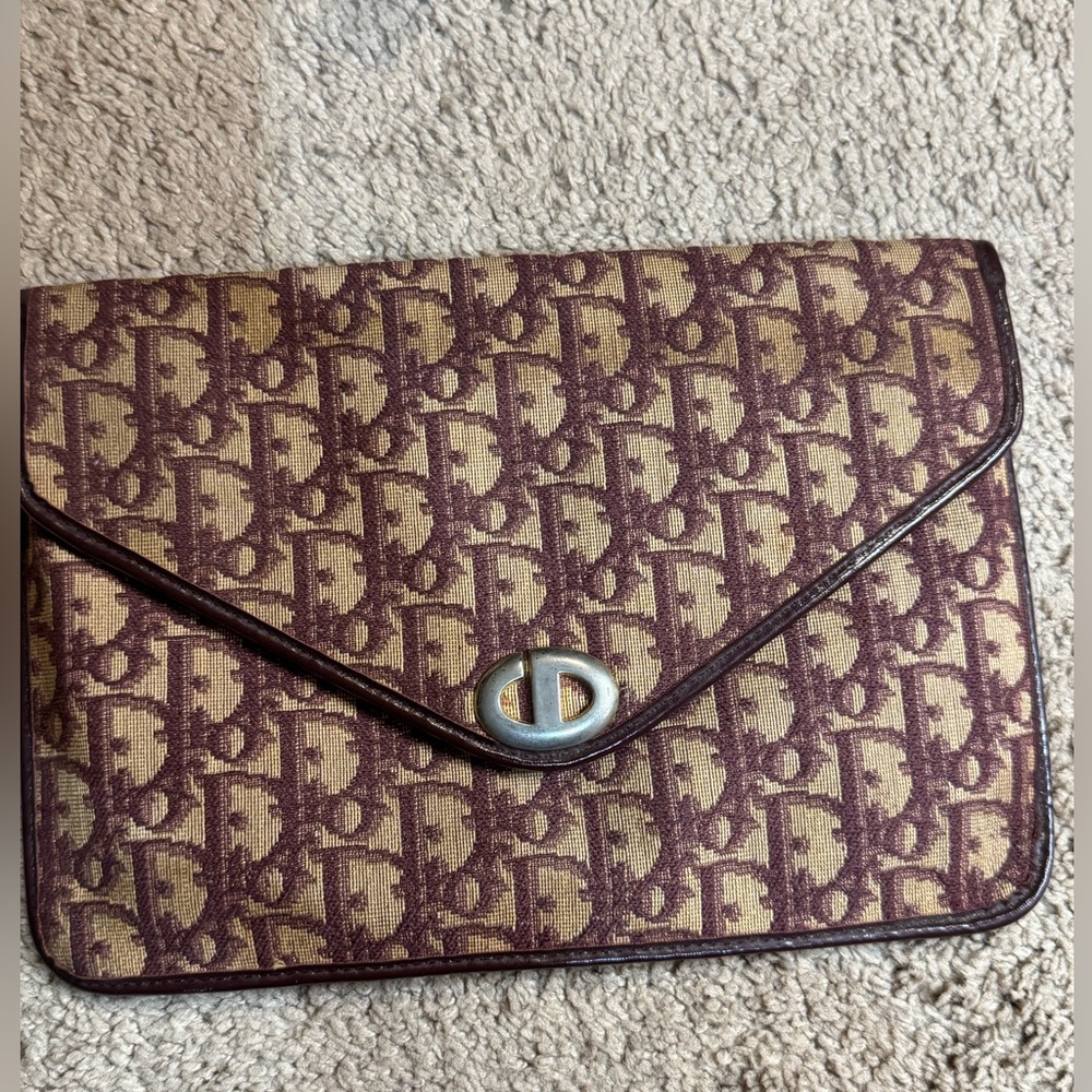 Authentic Vintage Dior Burgundy and Beige Monogram Envelope Clutch